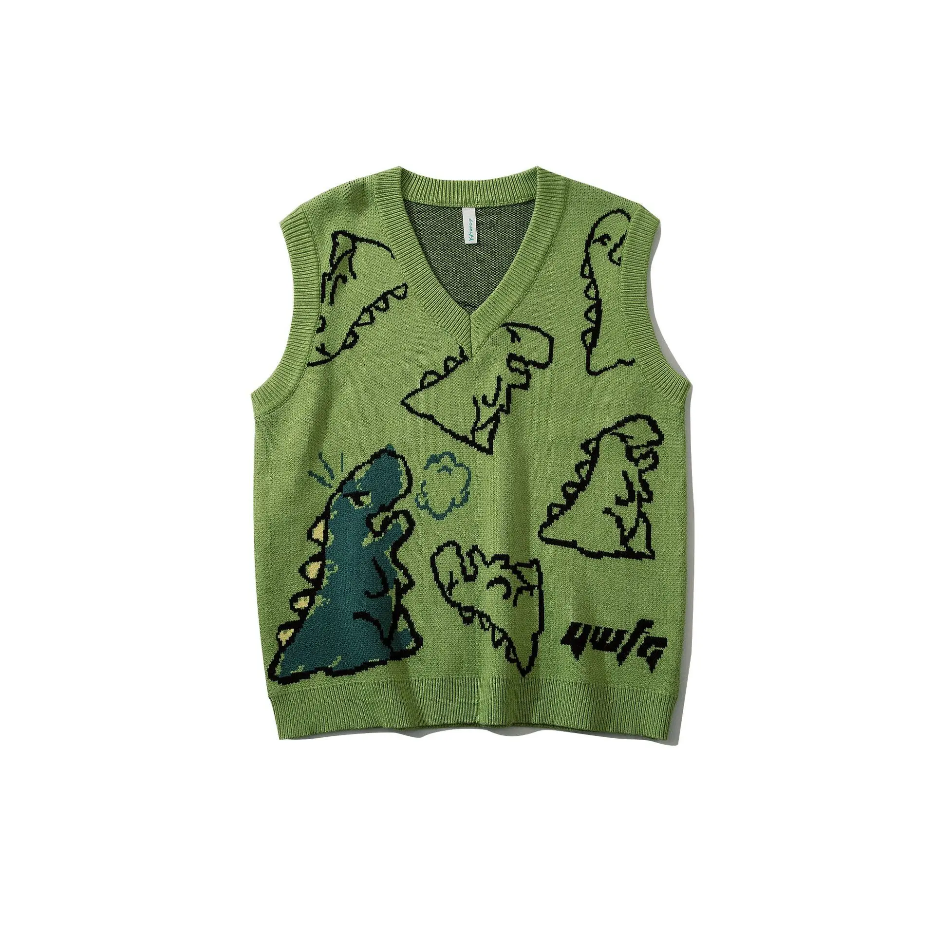 2022 New V Collar Vest Dinosaur Sweater Men's Spring Autumn Cartoon Couple Sweater Vest Sleeveless Sweater Fashion Green