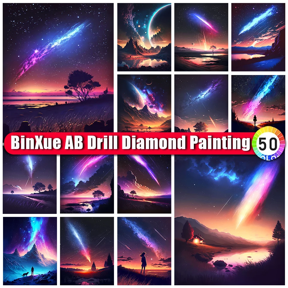 

BinXue Colorful Landscape Trees AB Diamond Painting Kit Dream Sky Aurora Cross Stitch Moon Stars Handmade DIY Mosaic Art Gift