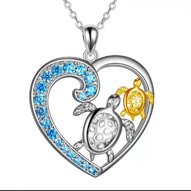

Blue Rhinestone Decal Heart Pendant Necklace Sea Animal Turtle Silver Gold Necklace Jewelry for Female Jewelry
