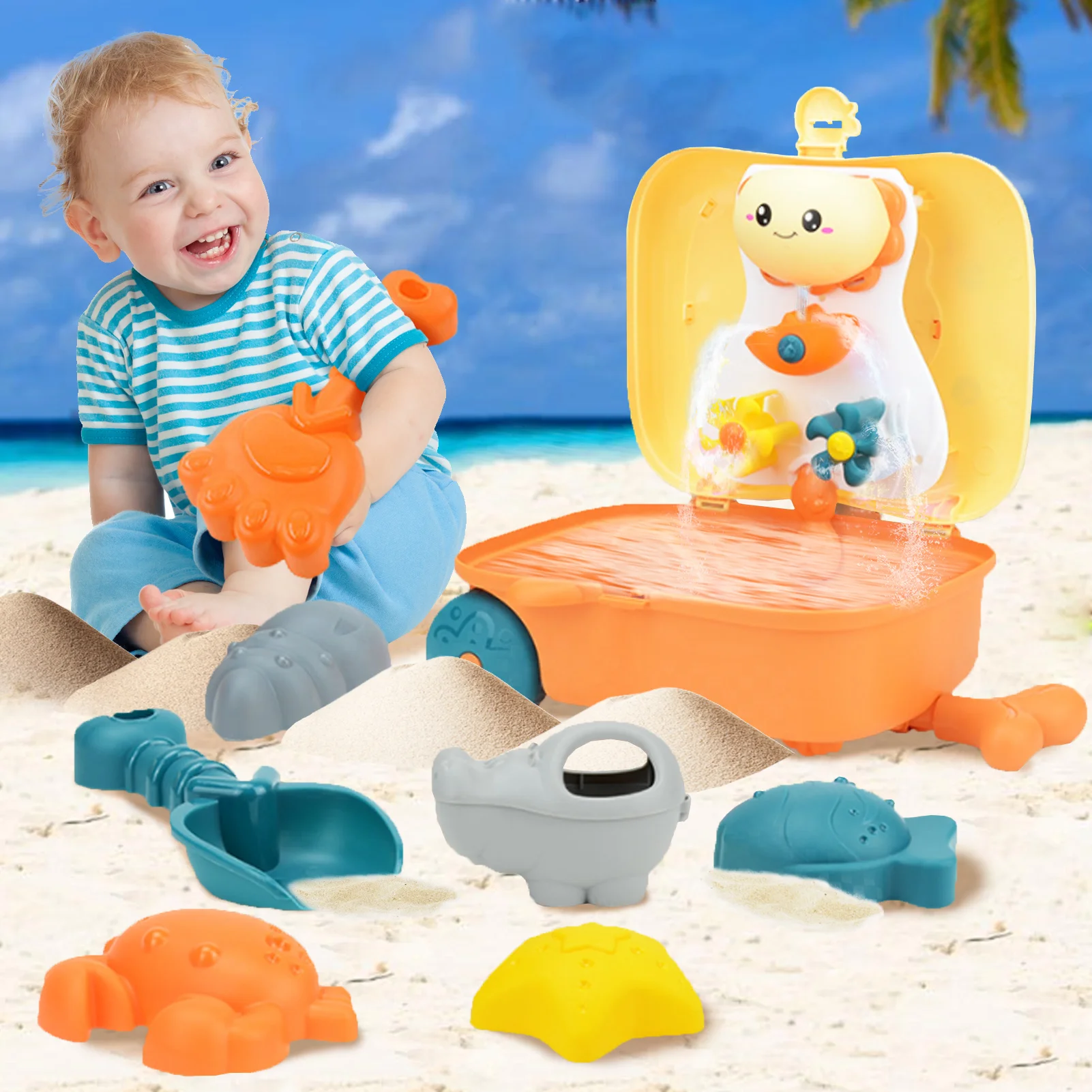 

Trolley Case Beach Toy Trolley Case Sand Toy Set Fun Sandbox Toy Kit Includes Rotatable Windmill Rake Watering Can Shovel Sand
