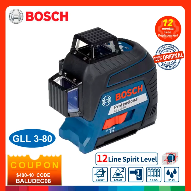

BOSCH Laser Level GLL3-80 12 Red Lines Level Laser 360 Bluetooth Laser Measuring Tool For Home Decoration