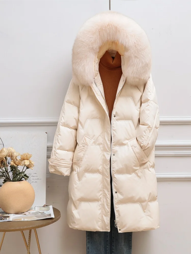 Women Long Down Jacket New Casual Style Fox Fur Collar White Duck Down Jackets Autumn Winter Coats And Parkas Female Outwear