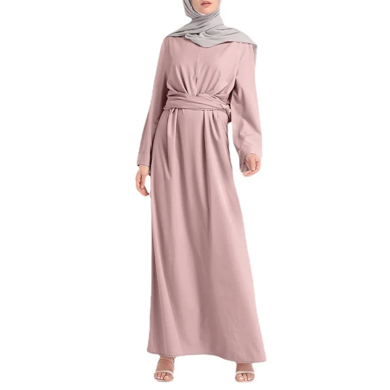 New Beautiful Fashion Solid Color Elegant Simple Muslim Dress Gown Kaftan Femme Musulman Abayas for Women Dubai