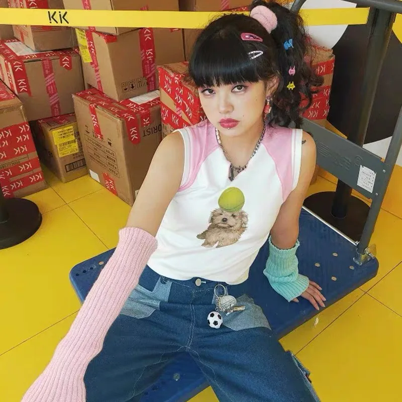 Эстетичные майки Karrram Y2k японские милые топы в стиле Харадзюку для девочек