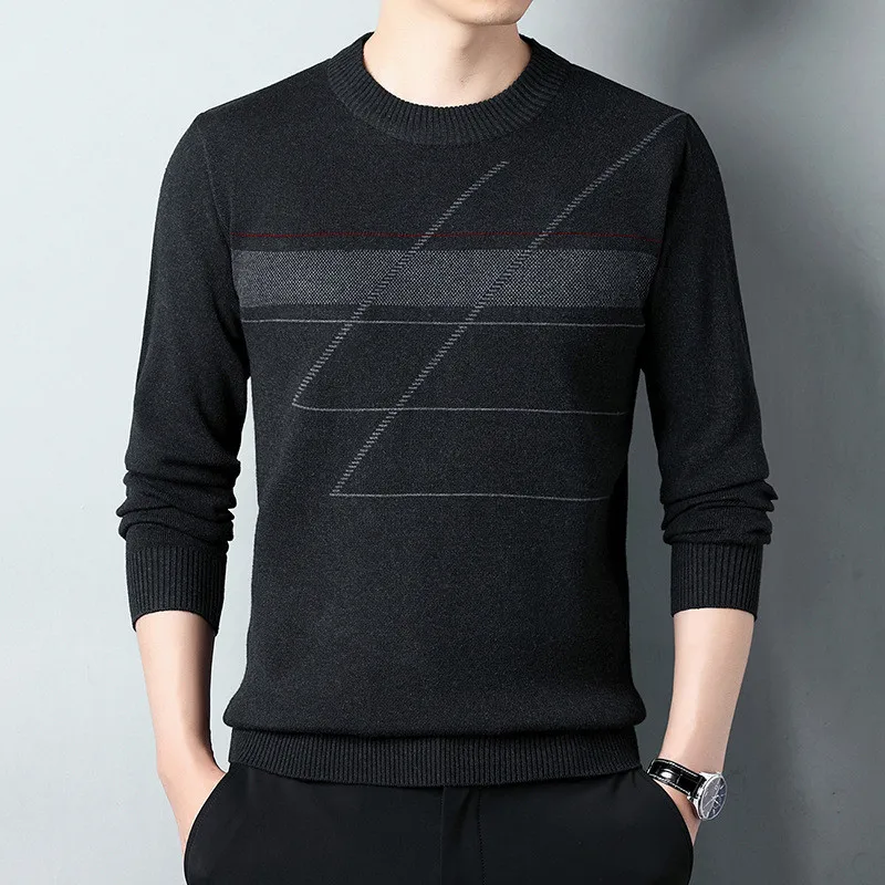 Мужской вязаный пуловер с круглым вырезом Черный Повседневный джемпер для осени