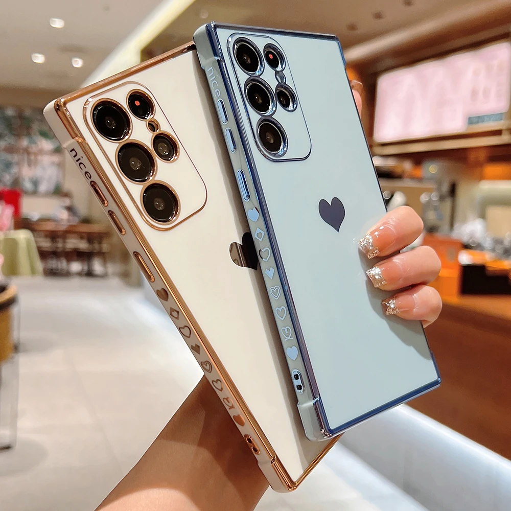 Мягкий ударопрочный чехол с гальваническим покрытием Love Heart для Samsung S22 Ultra S21 Plus S20