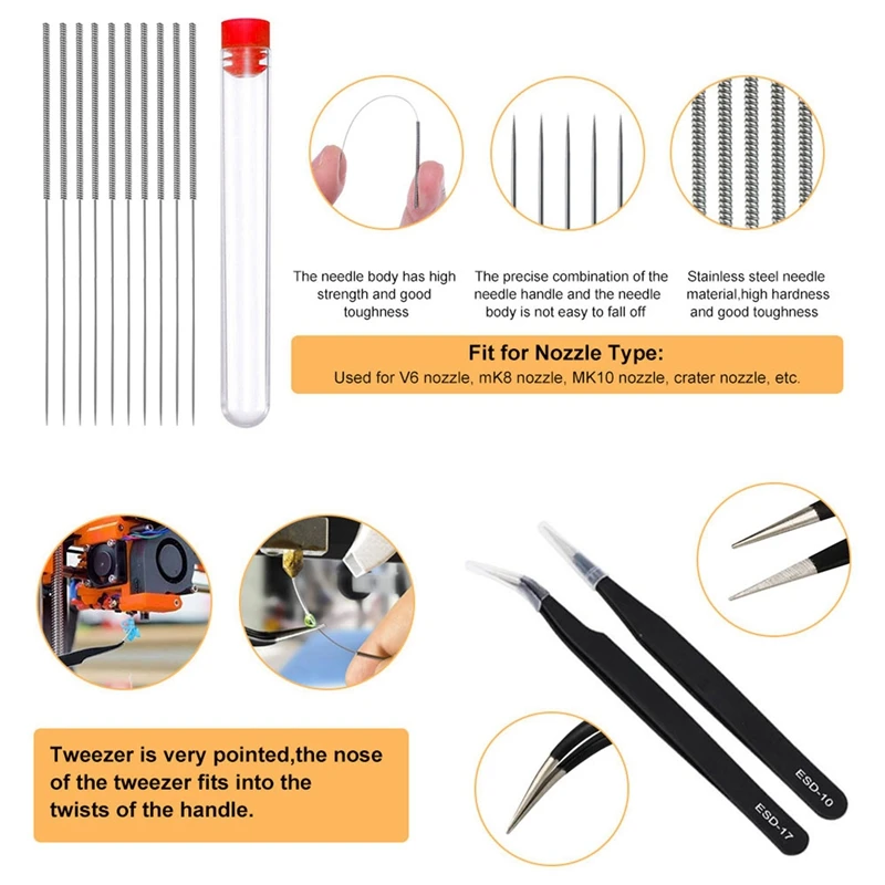 

Набор для чистки сопла 3D-принтера, пинцет, щетка и набор игл для чистки 0,35 мм