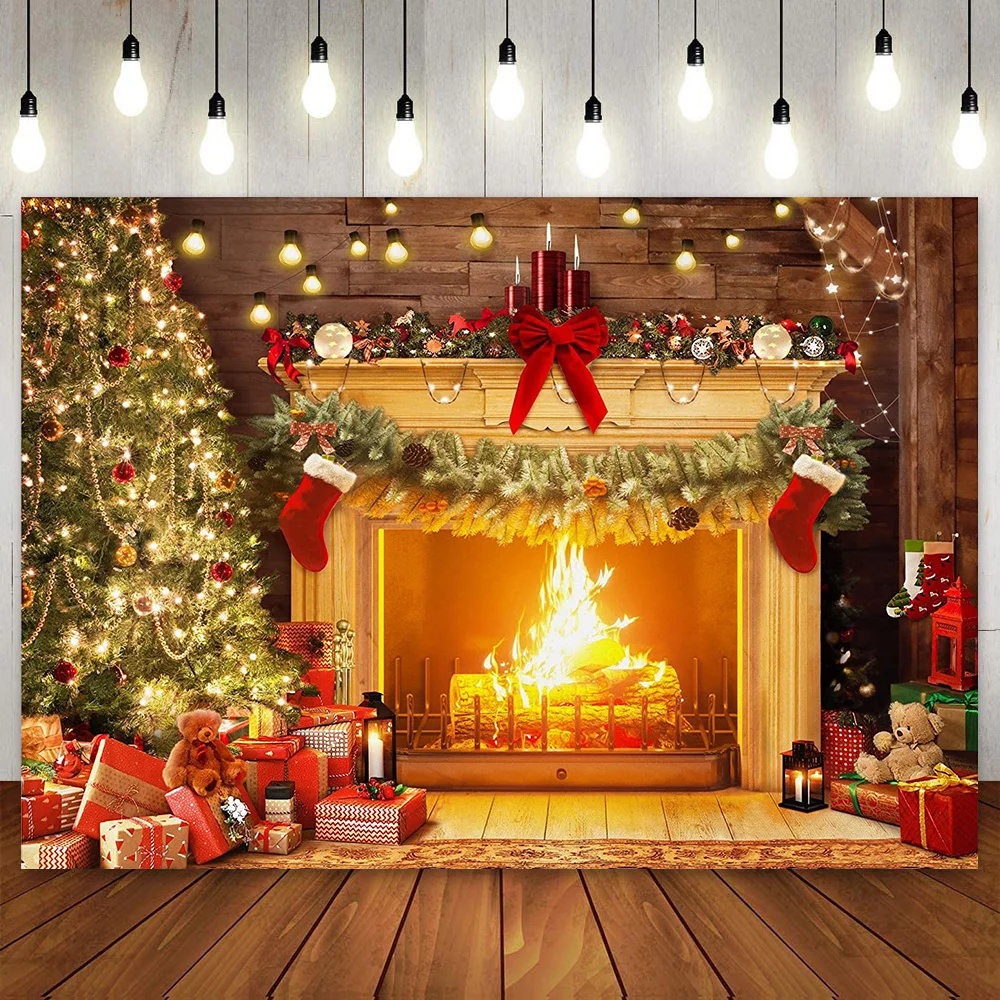 Merry Christmas Backdrop Interior Fireplace Photo Xmas Tree Photography Background Party Decoration Banner for Kids Family Shoot