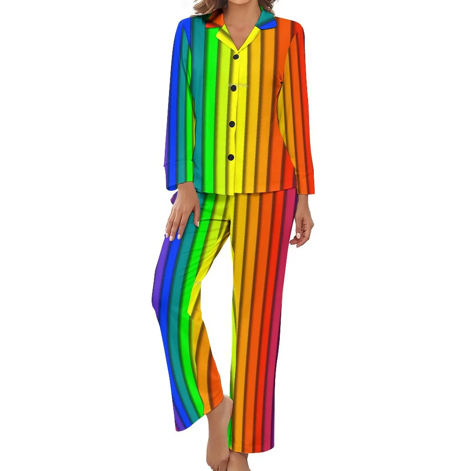 

Rainbow Striped Pajamas Women Vertical Lines Print Fashion Nightwear Spring Long Sleeve 2 Piece Casual V Neck Design Pajama Sets
