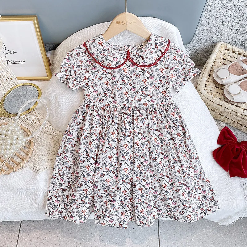 

Girls Vintage Floral Dress 2021 Summer Kids Lapel Puff Sleeve Princess Dresses 3 4 5 6 7 Years Children vestidos Baby Clothes