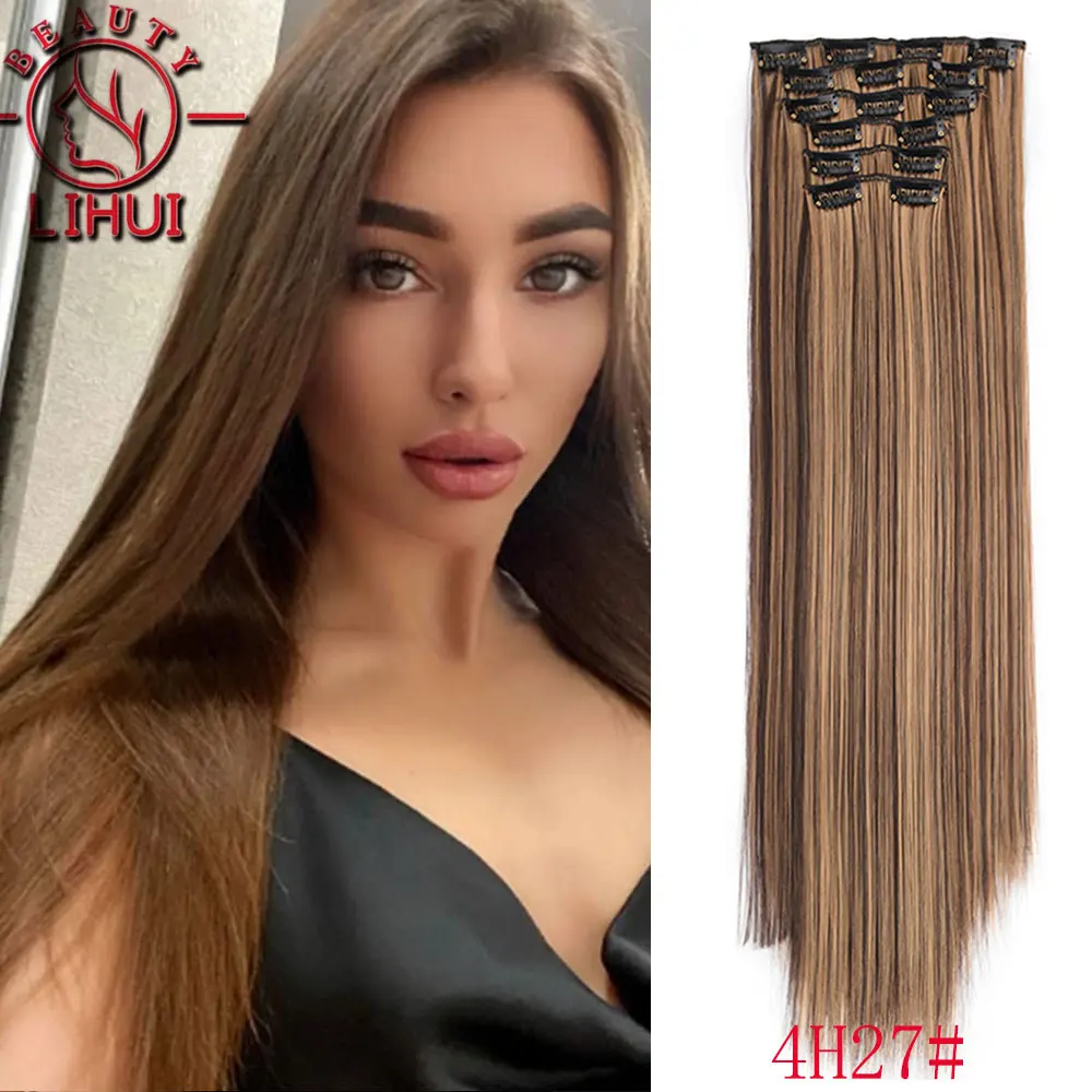 

Lihui 16Clips Long Straight Synthetic Clip On Hair Extensions Cheveux Clip Naturel High Temperature Fiber Black Brown Hairpiece