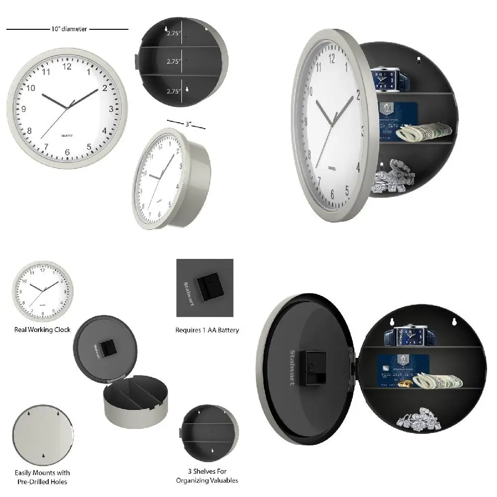 

Charming 10" Battery Operated Working Analog Wall Clock with Hidden Interior Storage - Completely Secure Your Valuables Includin
