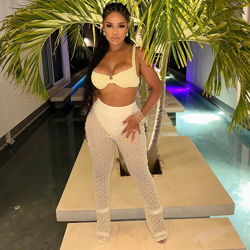 

Sexy Sheer Mesh Women Flare Pants Low Waist Skinny Wild Bottoms 2023 Summer Trend Streetwear Vacation Midnight Party Clubwear