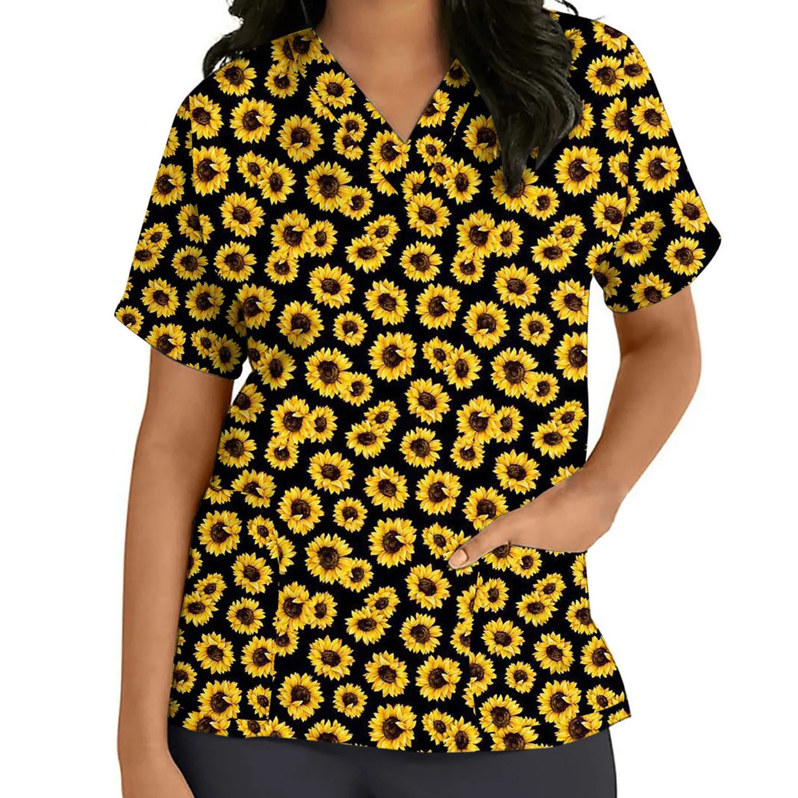 

Summer Women Nurse Uniforms Short Sleeve Flower Print Workwear Pocket Care Workers T-shirt Medical Nurse Uniform Clinic Blouse
