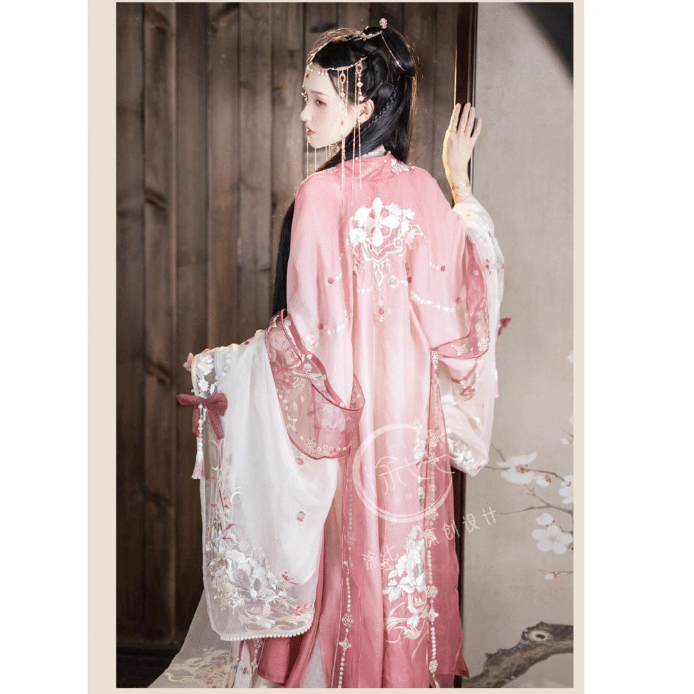 TuQiQi Women's Chinese Pink Embroidery Big Shirt Epleated Skirt Song Dynasty Fairy Hanfu Sling Female Dance Costume Dress Set |