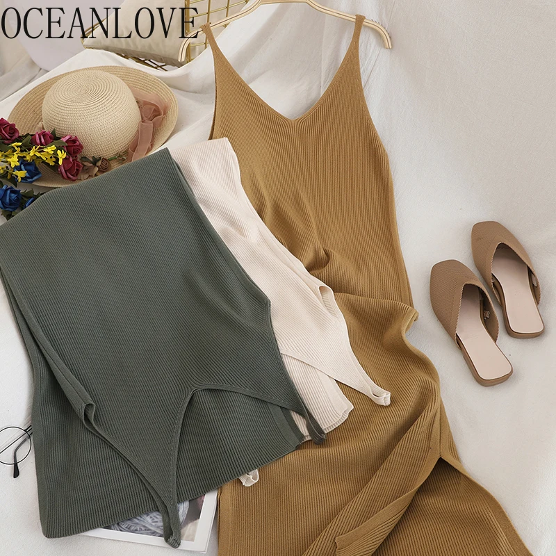 

OCEANLOVE однотонные вязаные платья с V-образным вырезом, повседневные универсальные простые модные корейские женские платья, элегантные плать...