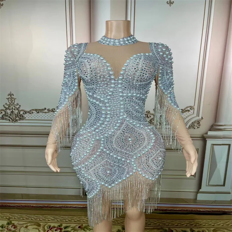 

ZA11 женское прозрачное вечернее платье стразы с жемчугом сетчатая эластичная юбка со стразами танцевальный костюм со стразами и кисточками