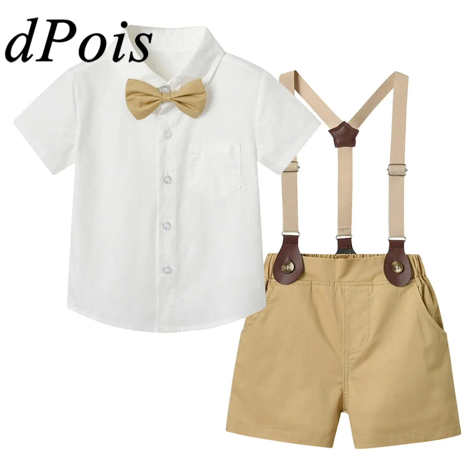 

Todder Boys Gentleman Two-Piece Outfit Short Sleeve Shirt with Bow Suspenders Shorts Sets for Birthday Party School Uniforms