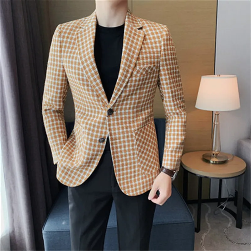 Autumn Men's Blazer Plaid Coats Luxury Tuxedo For Men Business Slim Full Length Vintage Designer Prom Dresses Party Jacket 2022
