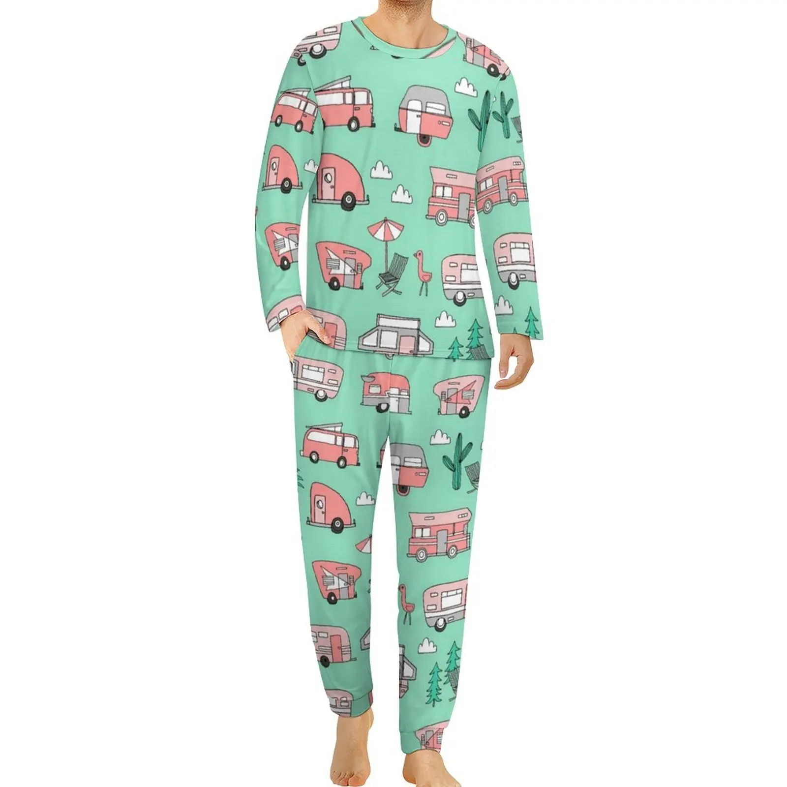 

Camper Vacation Pajamas RV Hipster Road Trip Men Long Sleeves Kawaii Pajama Sets 2 Pieces Leisure Daily Graphic Sleepwear Gift