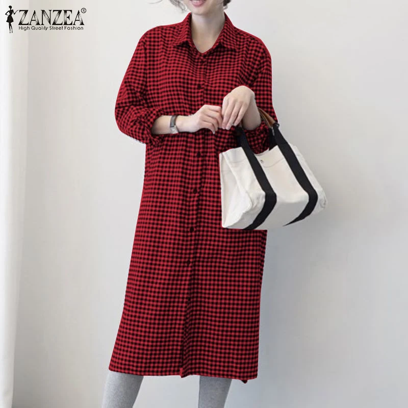 

Женский винтажный сарафан ZANZEA с отложным воротником и длинным рукавом, Повседневное платье на пуговицах 2022, клетчатое длинное платье-рубаш...
