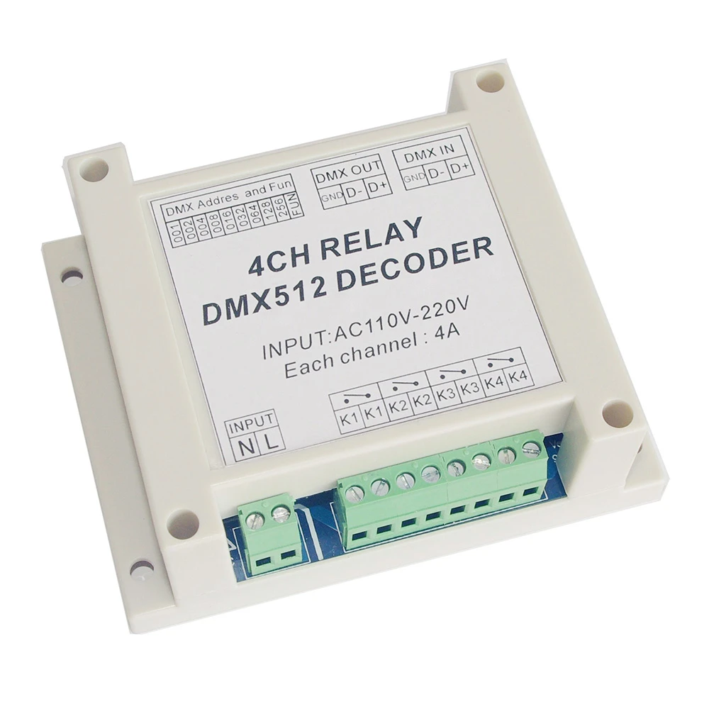 4CH Relay DMX512 Decoder AC110-220V 4A 4-channel Relay Switch Controller with Guide Rail Housing for RGB Led Strip Lights Lamps