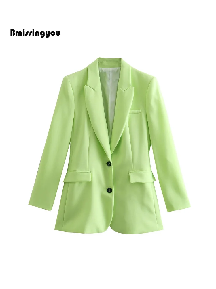 

Bmissingyou Light Green Casual Women's Suit Jacket Single Breasted Long Sleeve Formal Female Office Blazer Flap Pocket