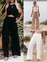 2022 spring and summer cotton and linen womens elastic waist wide leg pants casual long pants
