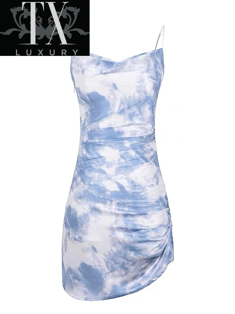 

Tie Dye Print Mini Woman Fashion Sexy Backless Folds V-neck Sleeveless Club Party Holiday Satin Spaghetti Strap Dresses