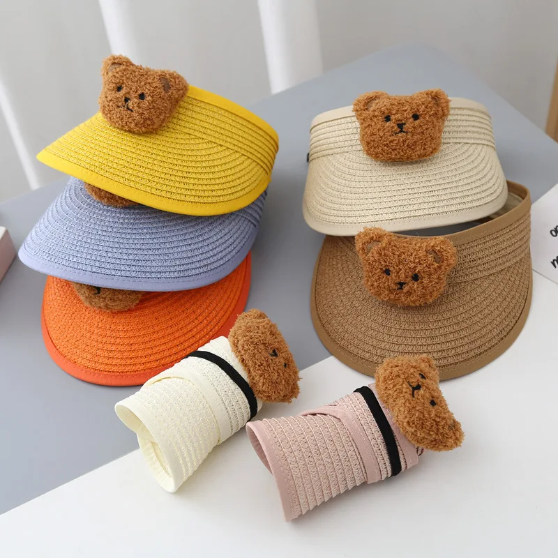 

Детская летняя соломенная шляпа с козырьком, плетеная Солнцезащитная пляжная шляпа с медведем, солнцезащитные шляпы для детей, Пляжные шапки для новорожденных мальчиков