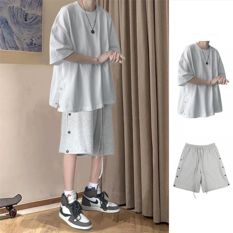 

Summer Short Sleeved T-shirt Set Men's Hip Hop Handsome Two-piece Suit Preppy Loose Fitting Split Hong Kong Style Shorts