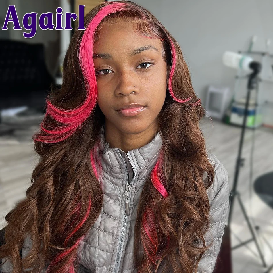 Highlight Pink 13x4 Lace Front Body Wave Human Hair Wigs 30 Inch HD Transparent Lace Frontal Wigs Brown with Pink Pre Plucked