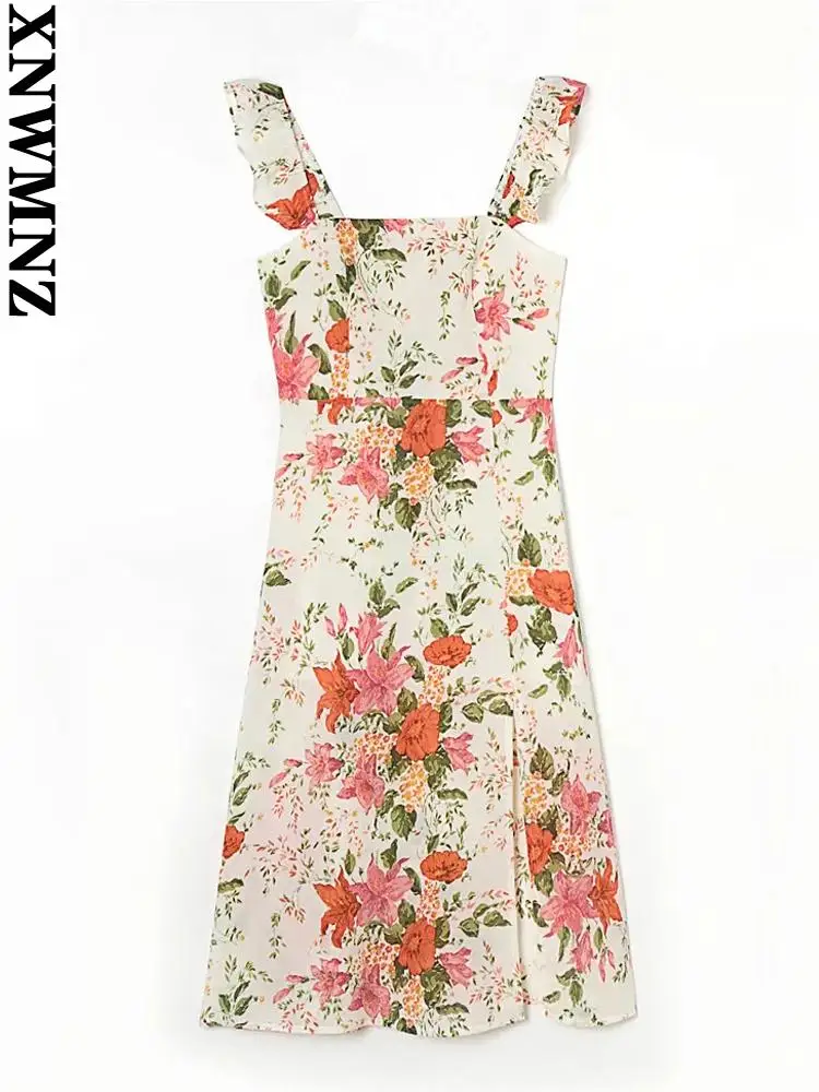 

Элегантное женское платье XNWMNZ 2022, модное летнее платье миди с цветочным принтом и оборками, женские платья с открытой спиной и Боковым Разре...