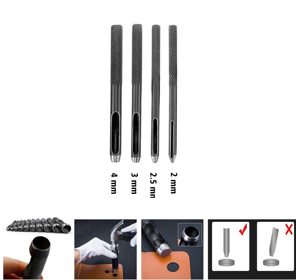 

4Pcs 2mm ~ 4mm Set DIY Hole Puncher Leather Hole Punch Round Steel Leather Craft Hollow Hole Punch Gaskets Plastic Rubber Tools