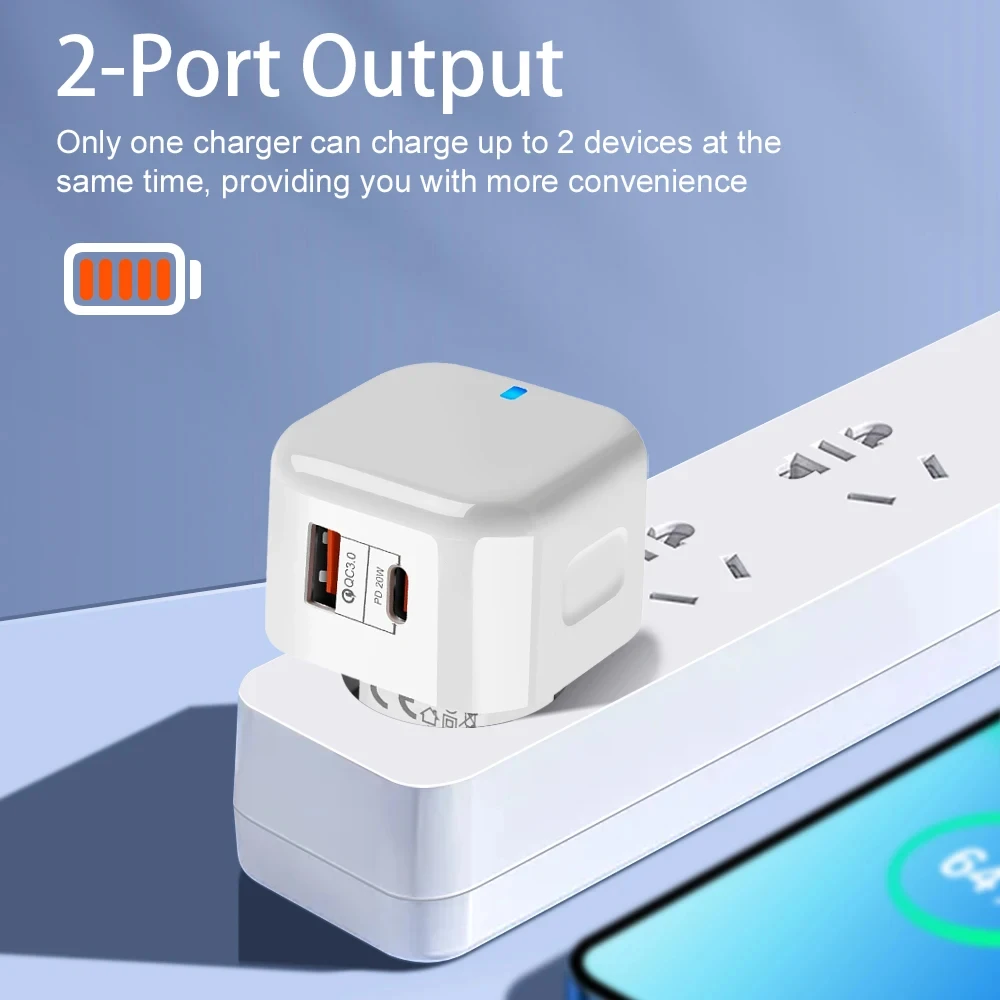 Фото Новый сетевой адаптер EU US UK 20W с двумя портами USB-C PD для быстрой зарядки iPhone 11 12 13 14 15 и Samsung №2