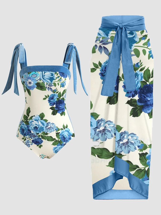 

Print Lace Up Fashion One Piece Swimsuit Square Neck Blue Women's Swimwear Open Back Bikini Luxury Design Beach Dress Monokini