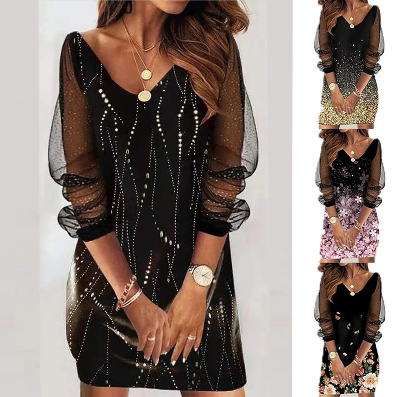 

Sexy Perspective Midi Dress Elegant Lace Mesh Patchwork Long Sleeve Dresses 2022 Female Party Culb Printing Mini Dress Vestidos