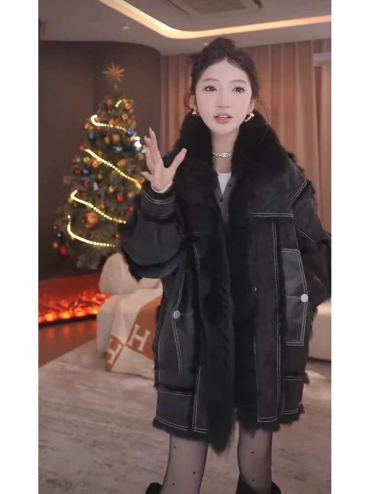 2023 Autumn and Winter Versatile Slimming Coat Fashion Casual Loose Fleece-lined Thick Warm Furry Patchwork Outerwear Women