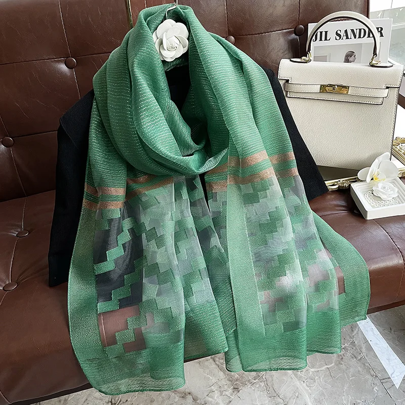 

2023 Summer Women Lattices Silk Scarf Luxury Brand Design Lady Beach Long Shawl Scarves Fashion Smooth Foulard Female Hijab