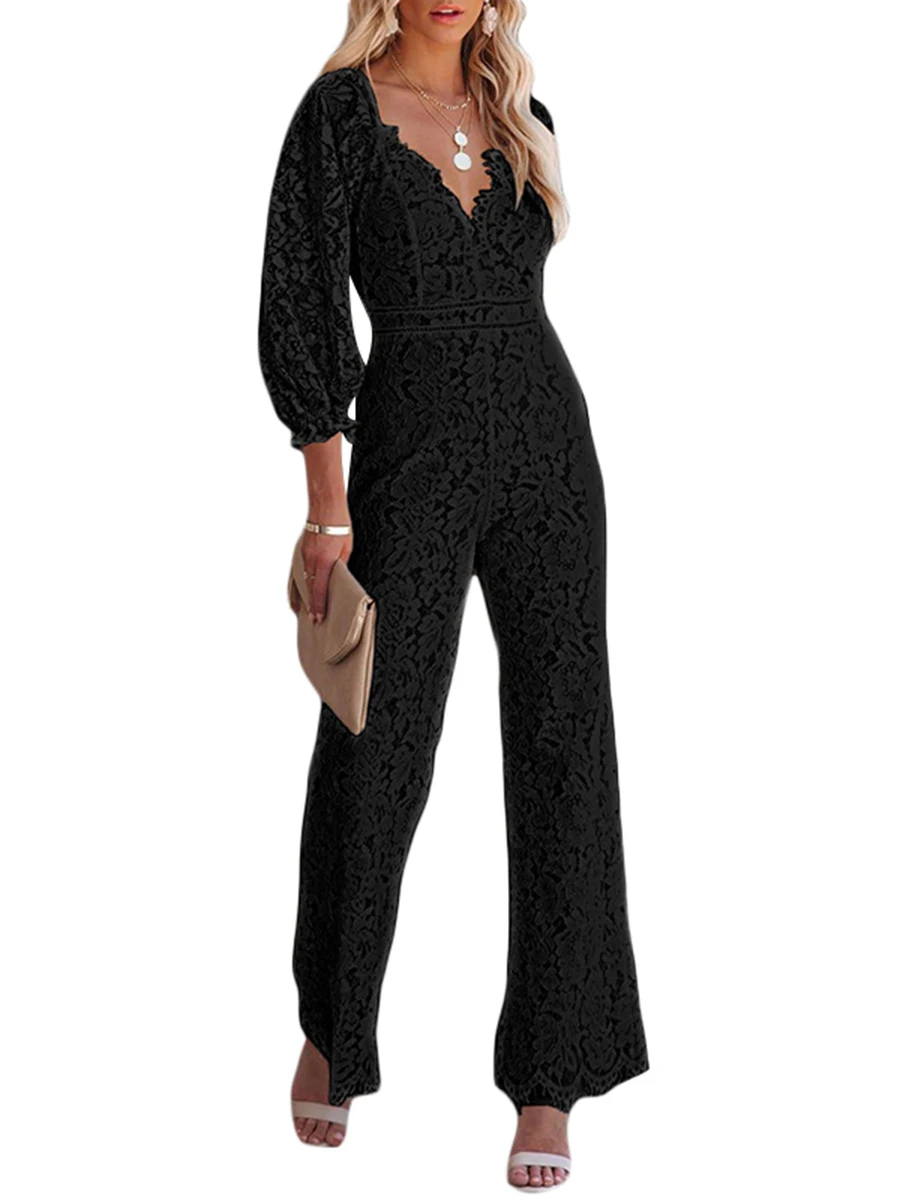 

Women Wide Leg Jumpsuit Solid Color Long Sleeve V Neck Floral Lace Romper Nightclub Wear Streetwear