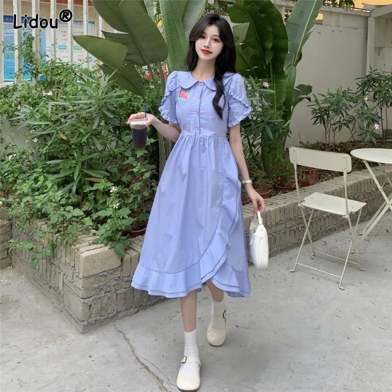 

Ruffles Preppy Style Mid-calf Pullover Peter Pan Collar Dresses Bow Empire Print Lace-up Slim Brocade Summer Women's Clothing