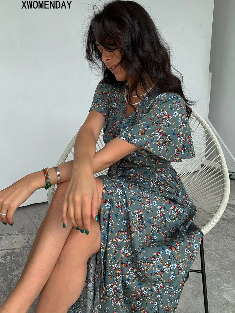 

Floral Print Midi Dress Women Summer Casual Pink Ruffle Sleeve Slit Beach Dress Elegant V Neck Button A-line Dresses 2022 New