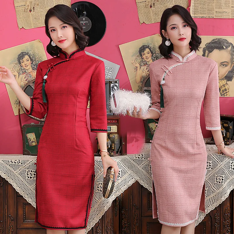 

Literary Plaid Suede Cheongsam 2022 Autumn Improved Mid-sleeve Self-cultivation Mid-length Daily Chinese Qipao Dress for Women