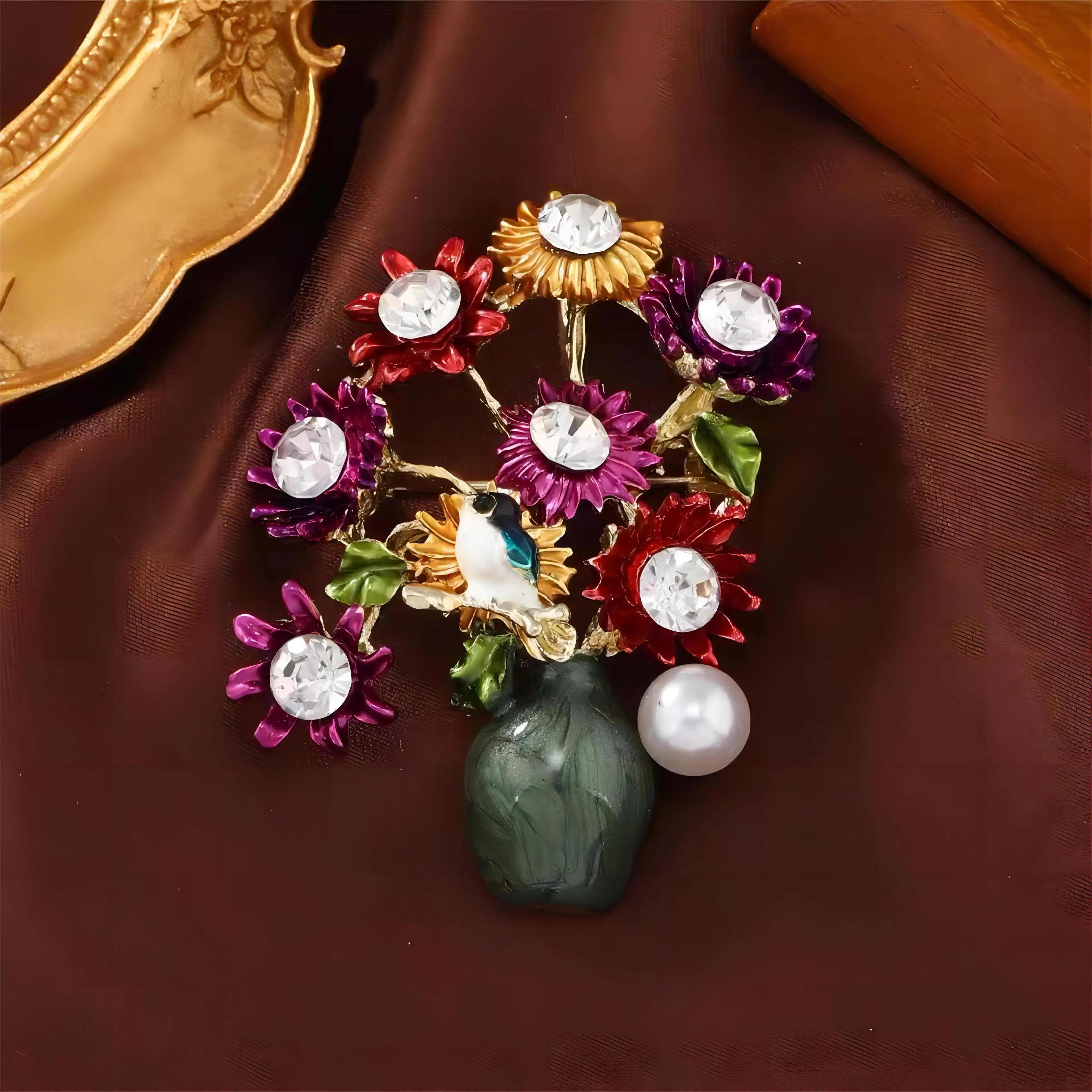 Ваза со стразами броши в виде подсолнуха для женщин унисекс жемчужное растение