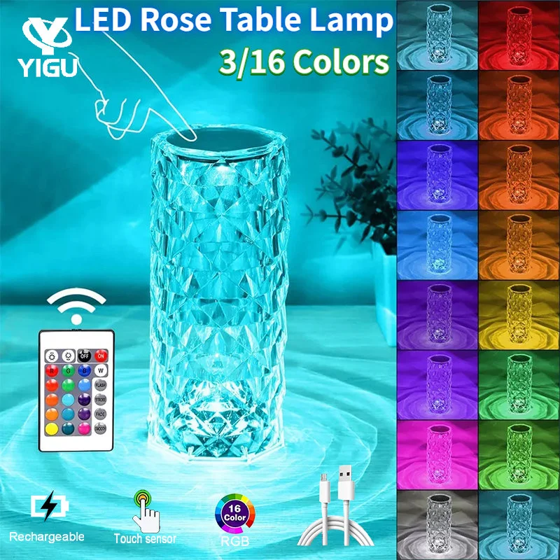 

LED Crystal Table Lamp Rose Light Projecto 3/16 Colors Touch Adjustable Romantic Diamond Atmosphere Light USB Touch Night Light