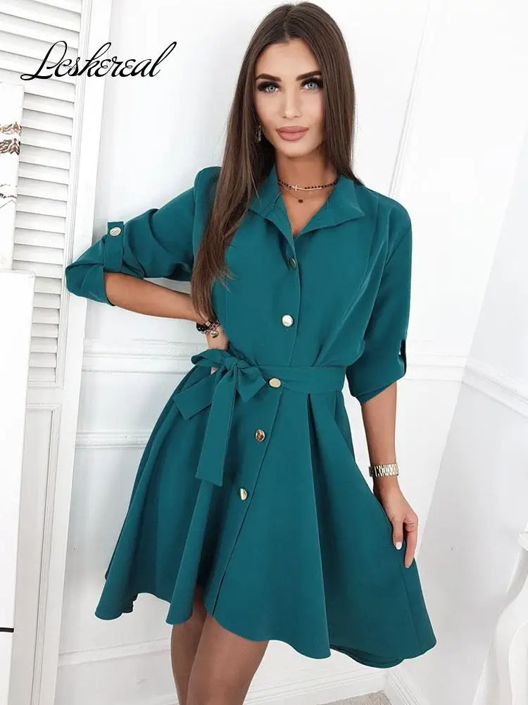 

Elegant Green Long Sleeve Mini Shirt Dress Women 2022 Autumn Casual Office Black Button Lace Up A-line Woman Dresses Robe Femme