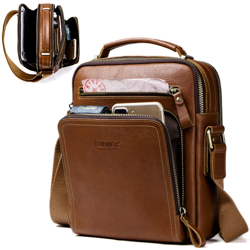 Men Multifunction Top Layer Cowhide Genuine Leather Shoulder Bag Travel Crossbody Waterproof  Sling Bags Messenger Pack for Male