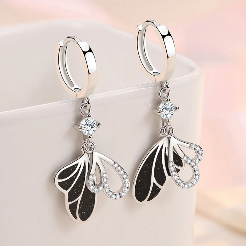 

KOFSAC 2023 New Fashion Black Butterfly Earrings For Women Exquisite 925 Sterling Silver Jewelry Shiny Zircon Wing Earring Gifts