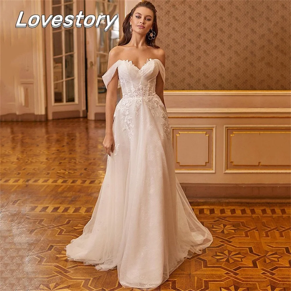 

Modest Lace A-Line Wedding Dresses Off Shoulder Vintage Bridal Gowns Church Buttons 2022 Bride Robe Sweetheart Vestidos De Noiva