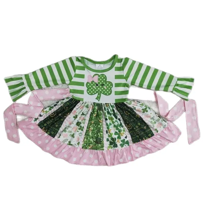 

6 A23-11 Baby Clothing Long Sleeve Flower Print Kids Dresses For Girls Milk Silk